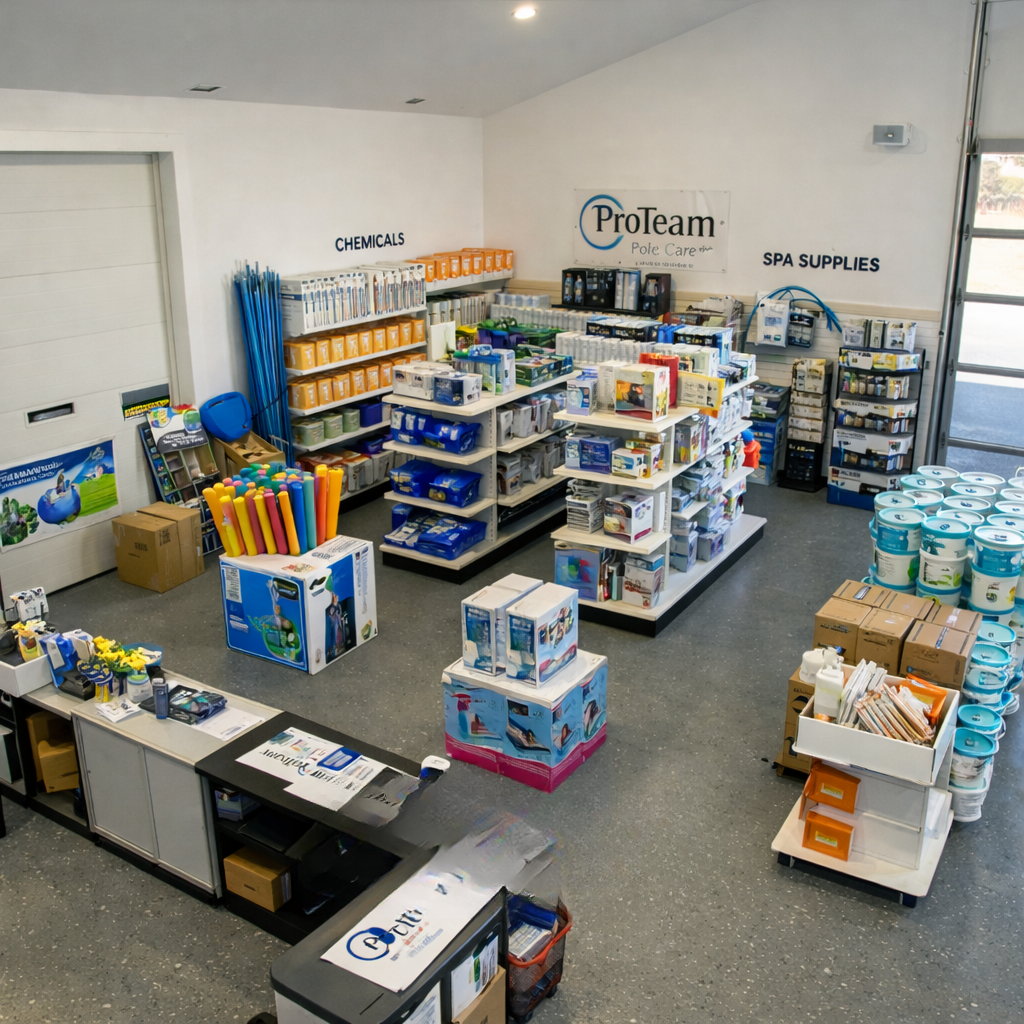Inside Chaffee's pool and spa store in Goshen NY with ProTeam chemicals and spa supplies