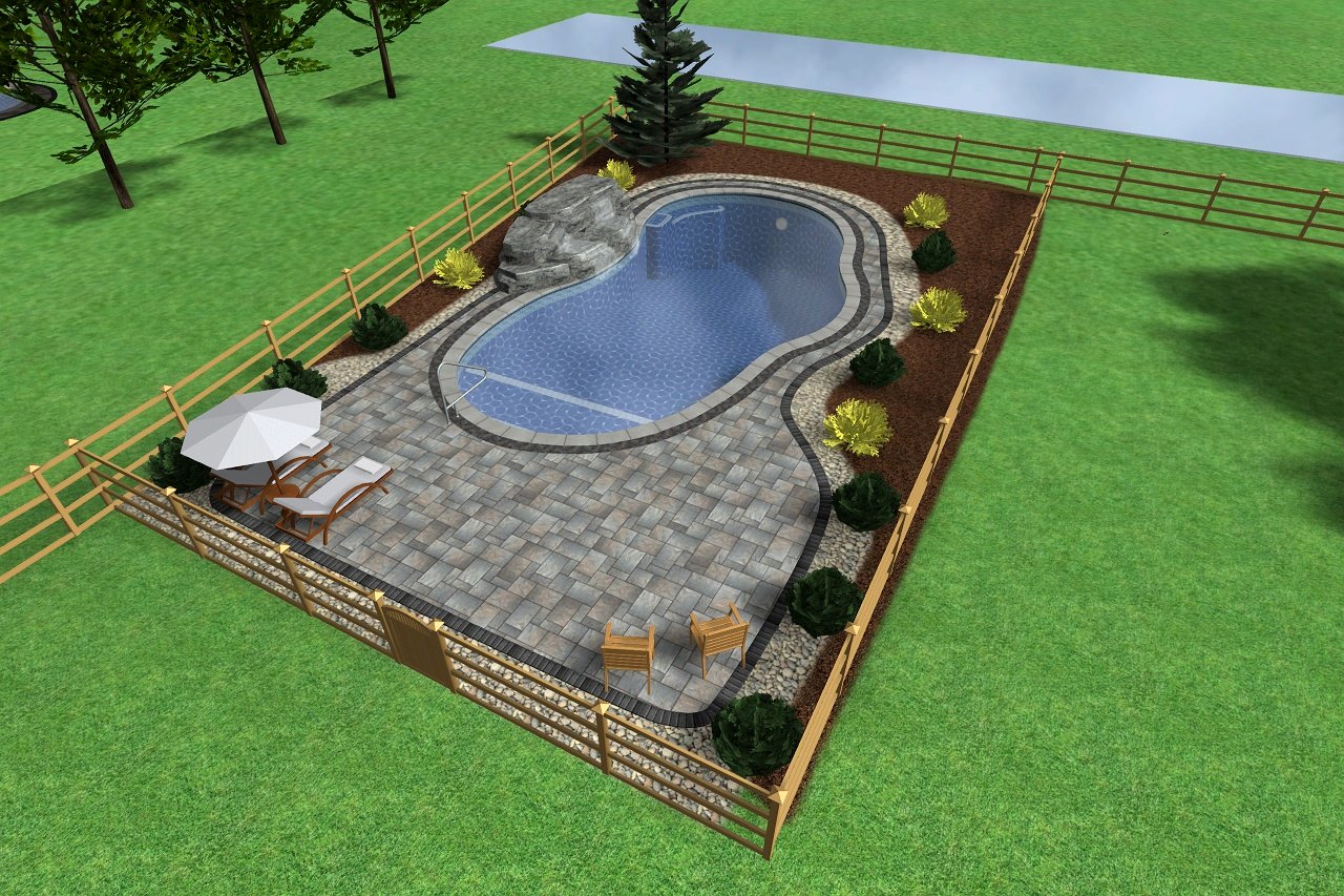 3D design rendering of a freeform inground pool with rock waterfall by Chaffee's