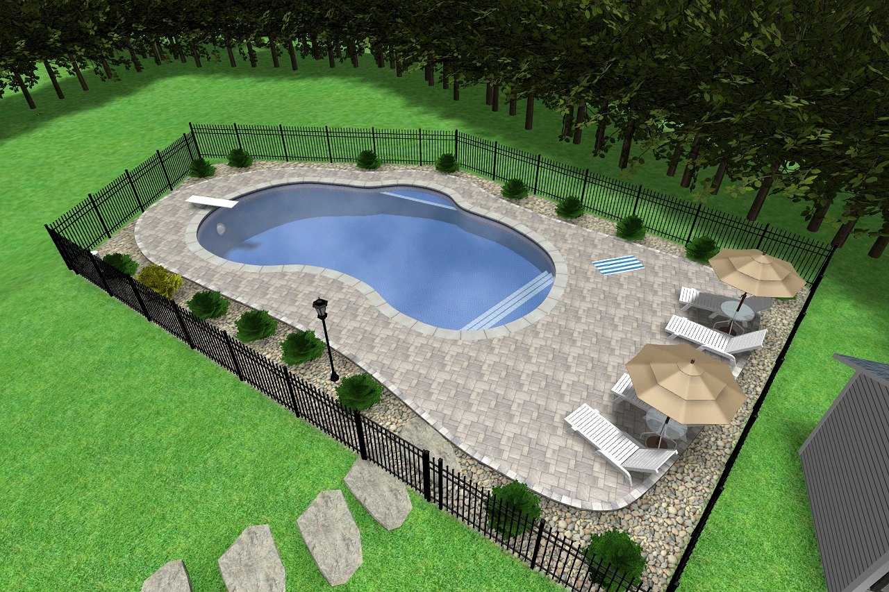 3D design rendering of a kidney-shaped inground pool with paver patio by Chaffee's