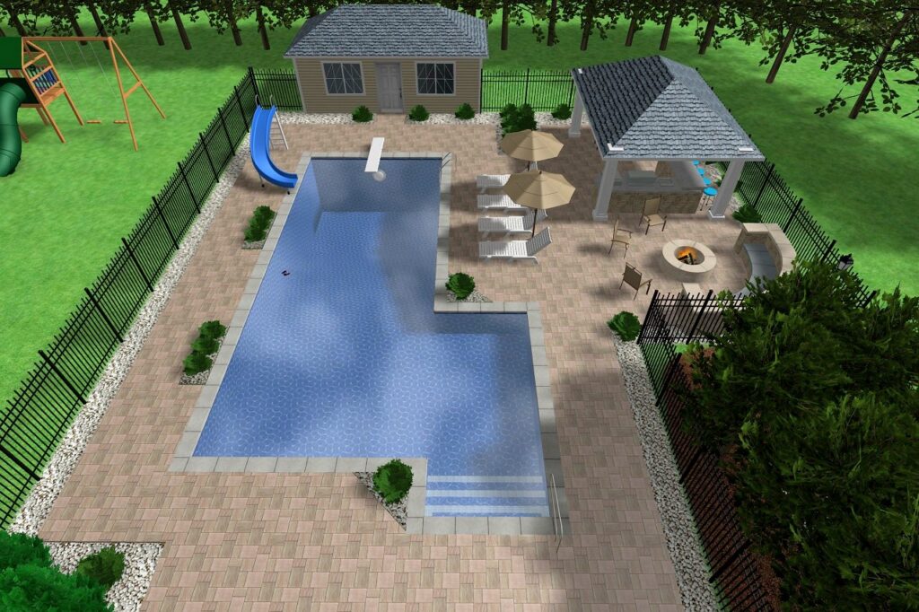 3D design rendering of the same L-shaped pool and pavilion by Chaffee's