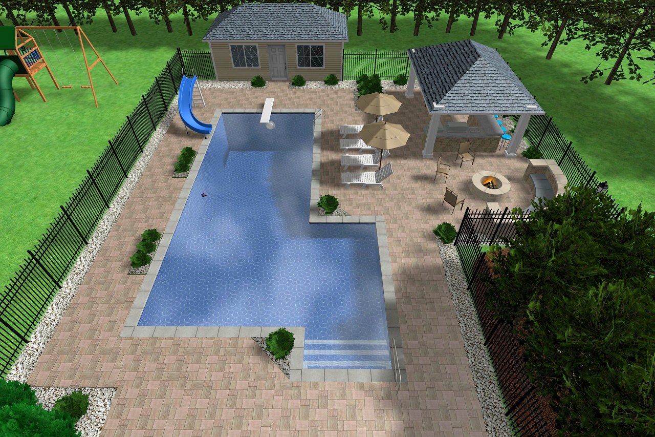 3D design rendering of an L-shaped inground pool with pavilion and fire pit by Chaffee's