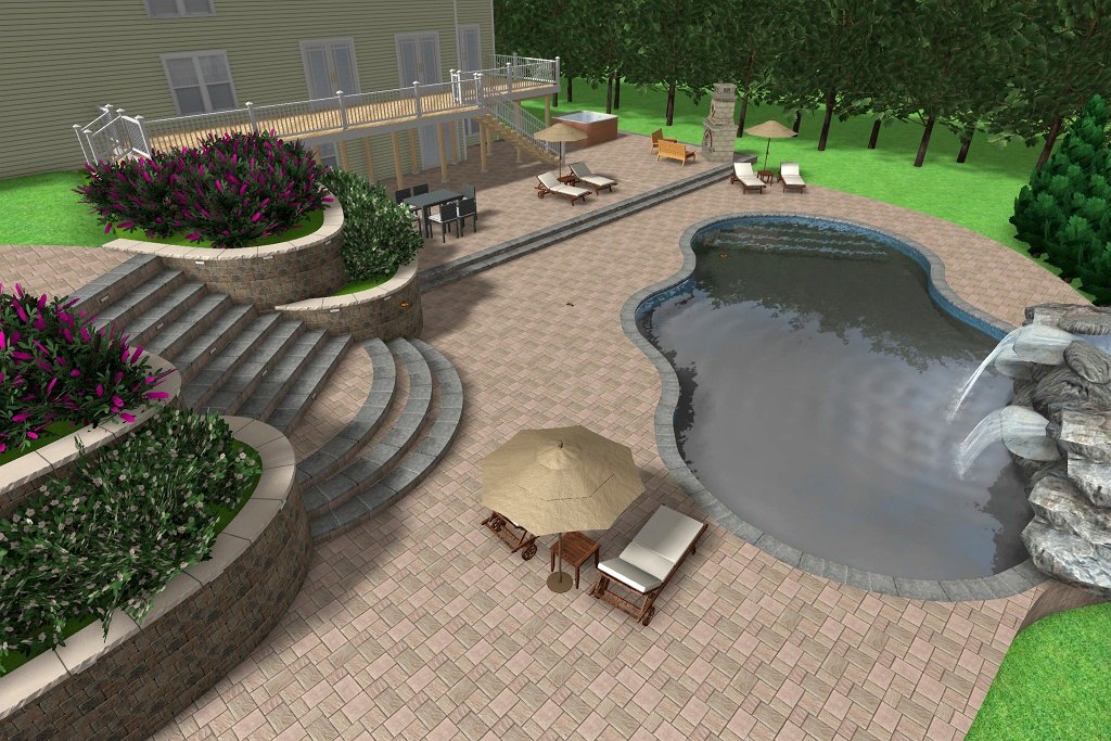 3D design rendering of a pool patio with tiered retaining walls and curved steps by Chaffee's