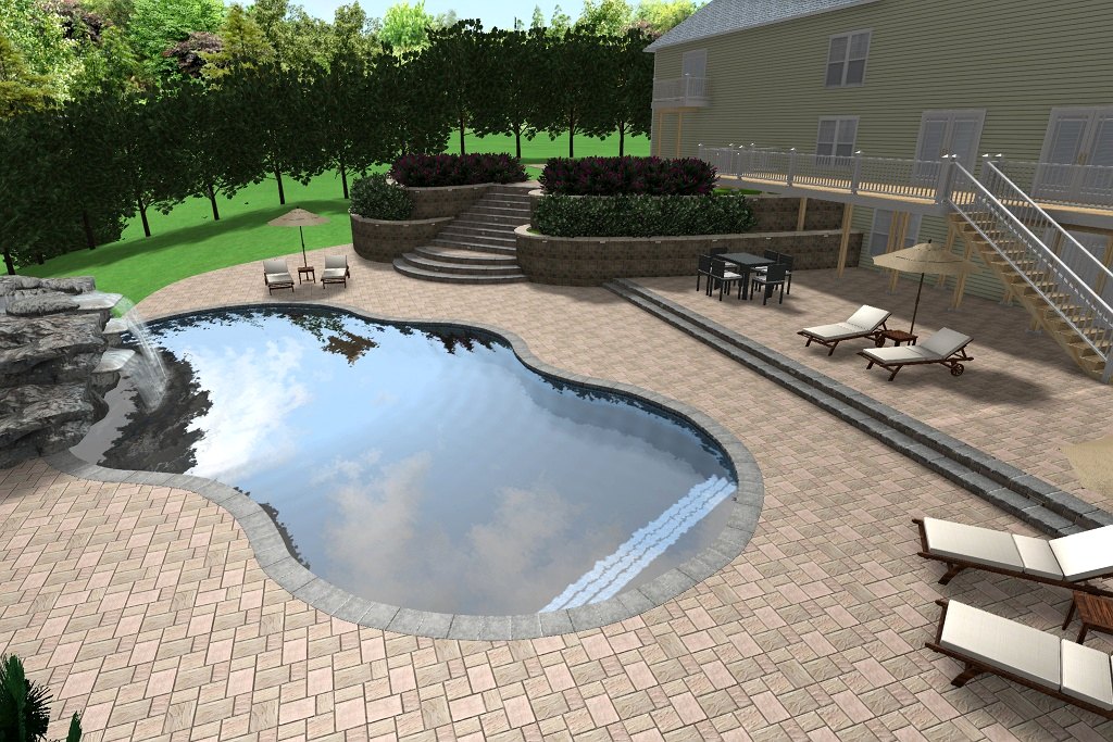 3D design rendering of a freeform pool with rock waterfall and tiered retaining walls by Chaffee's