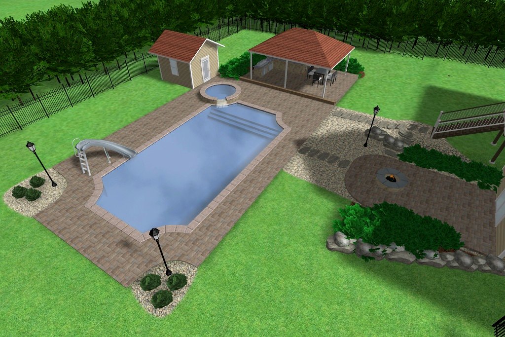 3D design rendering of a Roman-end inground pool with raised spa and pavilion by Chaffee's