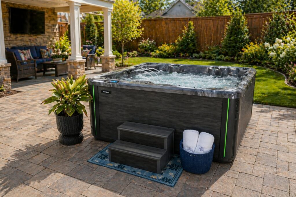 PDC Spas hot tub with LED lighting on a backyard patio